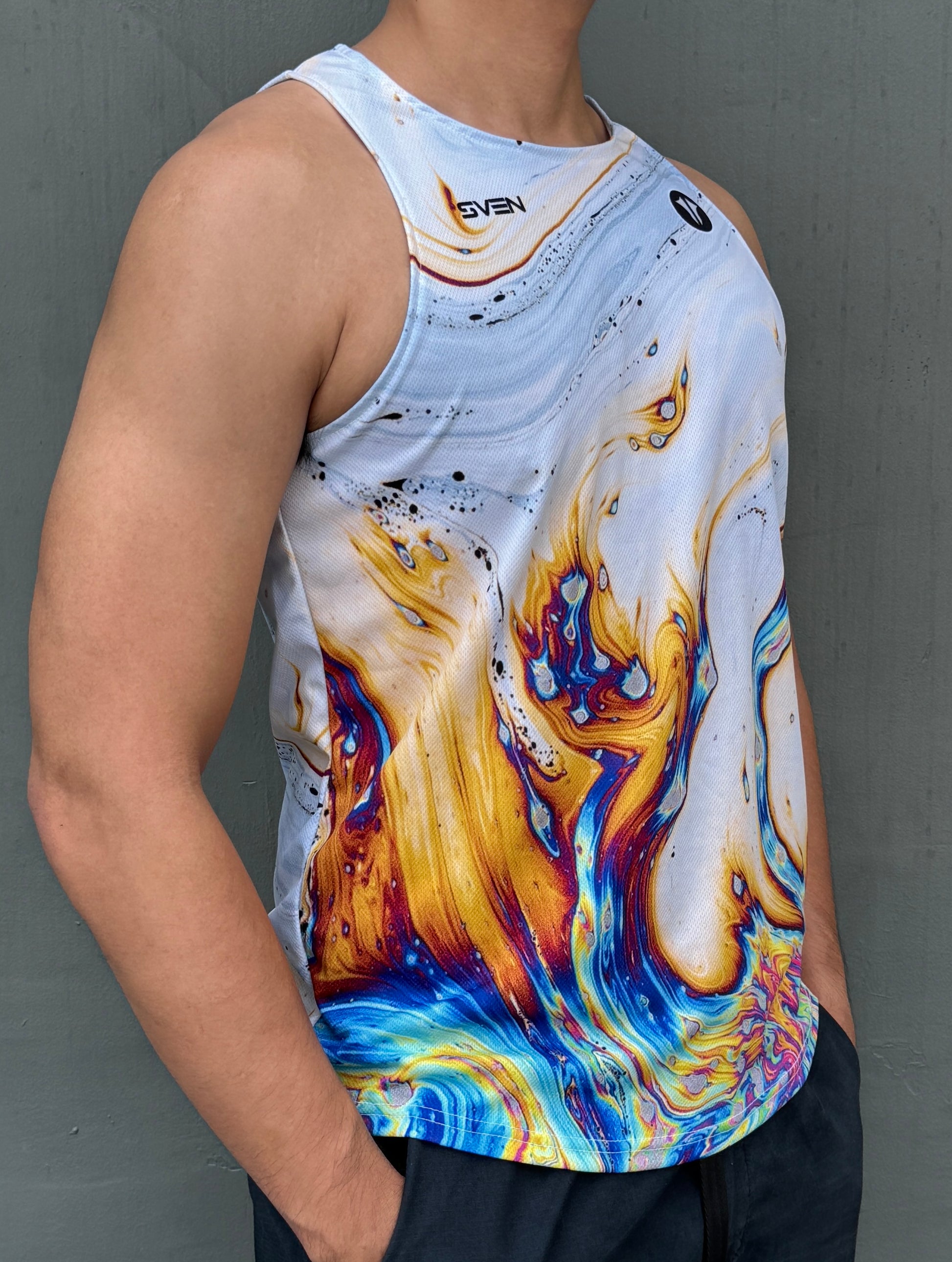 Sven Activewear white running singlet on model front right side