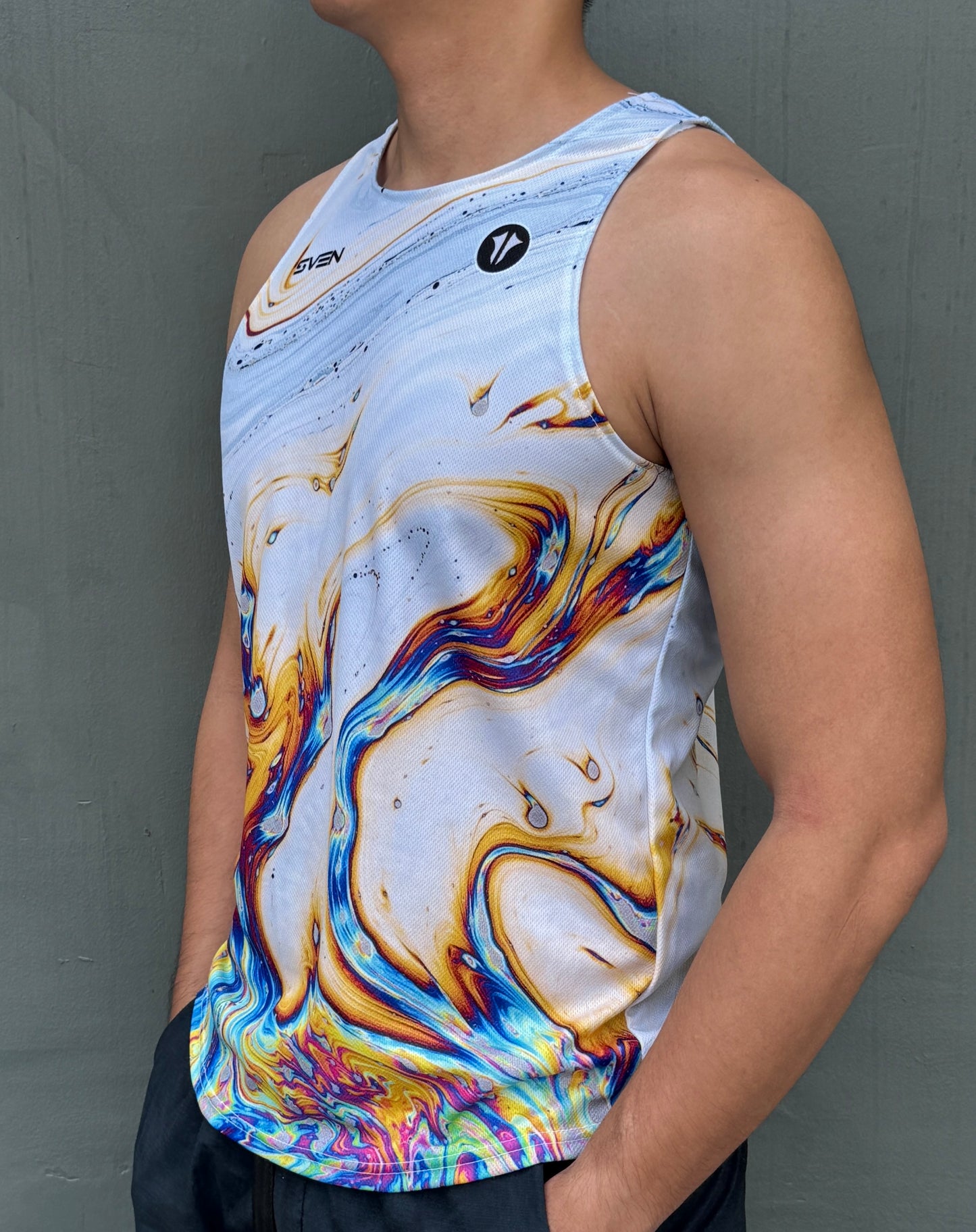 Sven Activewear white running singlet on model left side