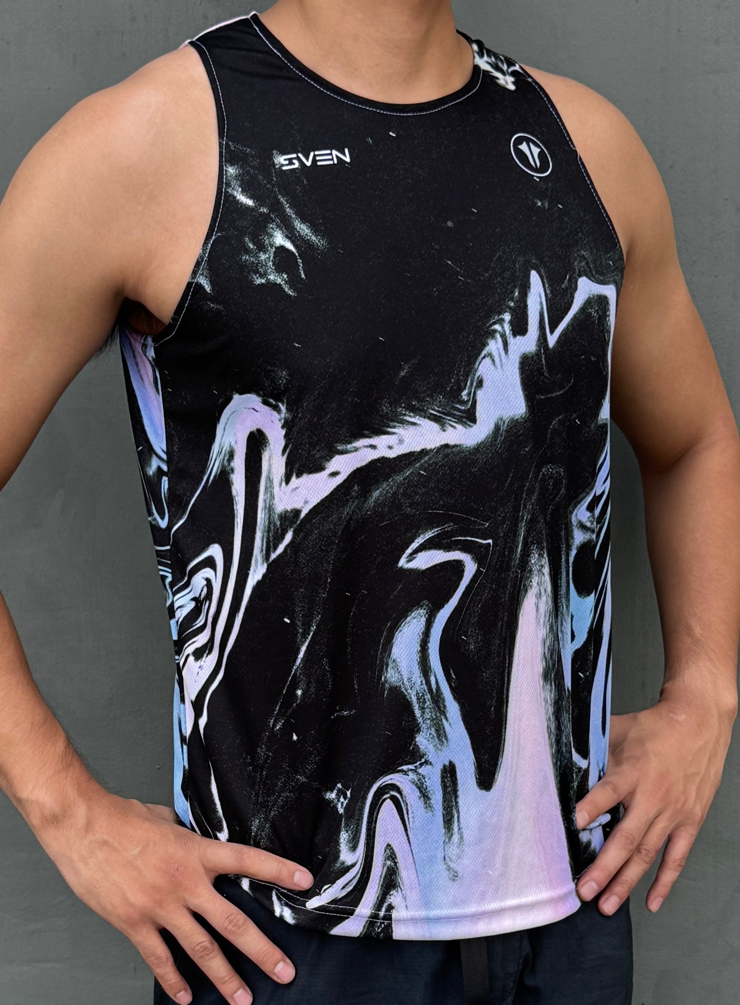 Sven Activewear black running singlet on model front