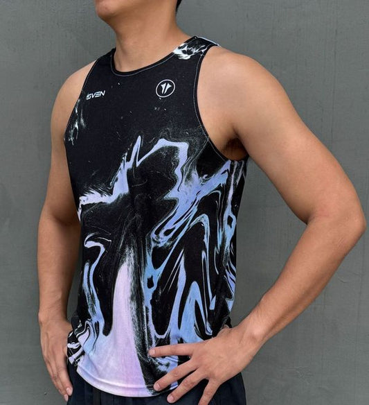 Sven Activewear black running singlet on model front left side